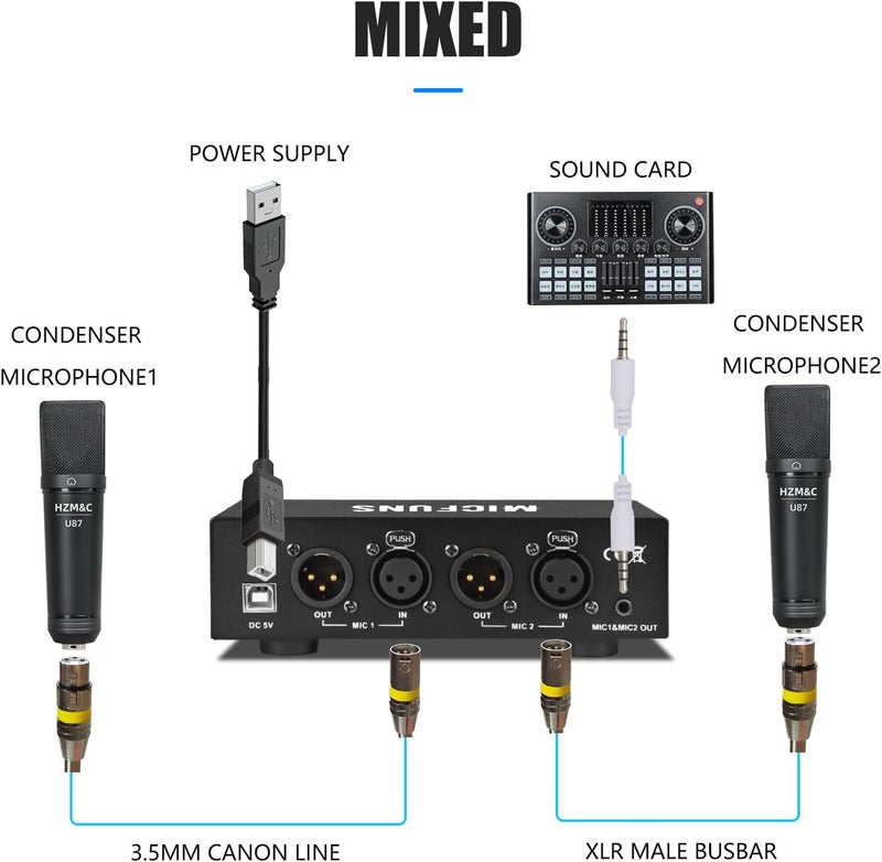 micfuns MC2 2 Channel 48V Phantom Power Supply with 3.5mm Audio Cable to Connect Audio Interface for Condenser Microphone Music Recording Equipment (2 Channel) - Image 4